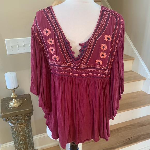 Japna Flowy Top Hippie Boho Shirt Maroon Embroidered Womens M Batwing Dohlman - Picture 5 of 14